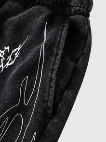 ROMWE MEN Street Life 男士街头风雪花印花抽绳短裤 - 黑色 - 查看 4