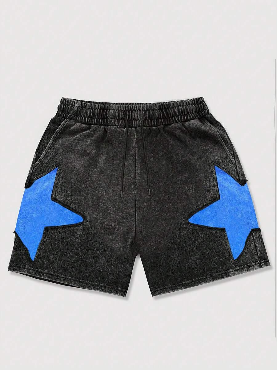 ROMWE MEN Street Life Teens (Boys) Colorblock Five-Pointed Star Print Shorts - Black - View 1