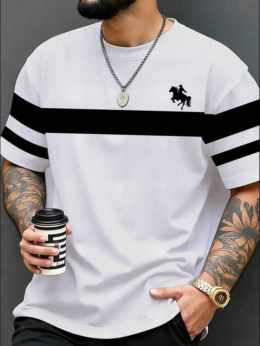 Manfinity Homme Áo thun nam cỡ lớn in hình ngựa cao bồi kẻ sọc cổ điển, lý tưởng cho mặc hàng ngày và dự tiệc mùa hè. - Nhiều màu - Xem 1