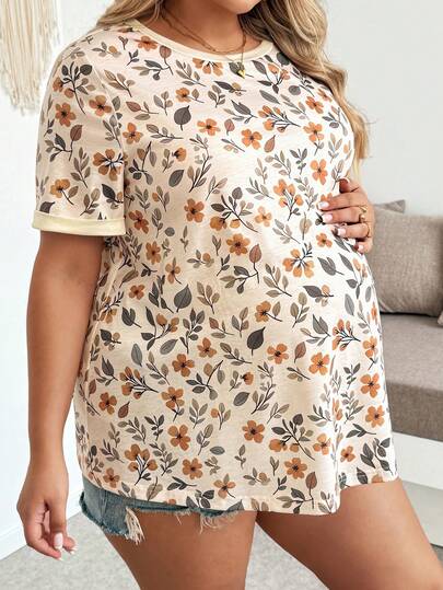 Plussiva 大码孕妇休闲碎花短袖上衣，度假风