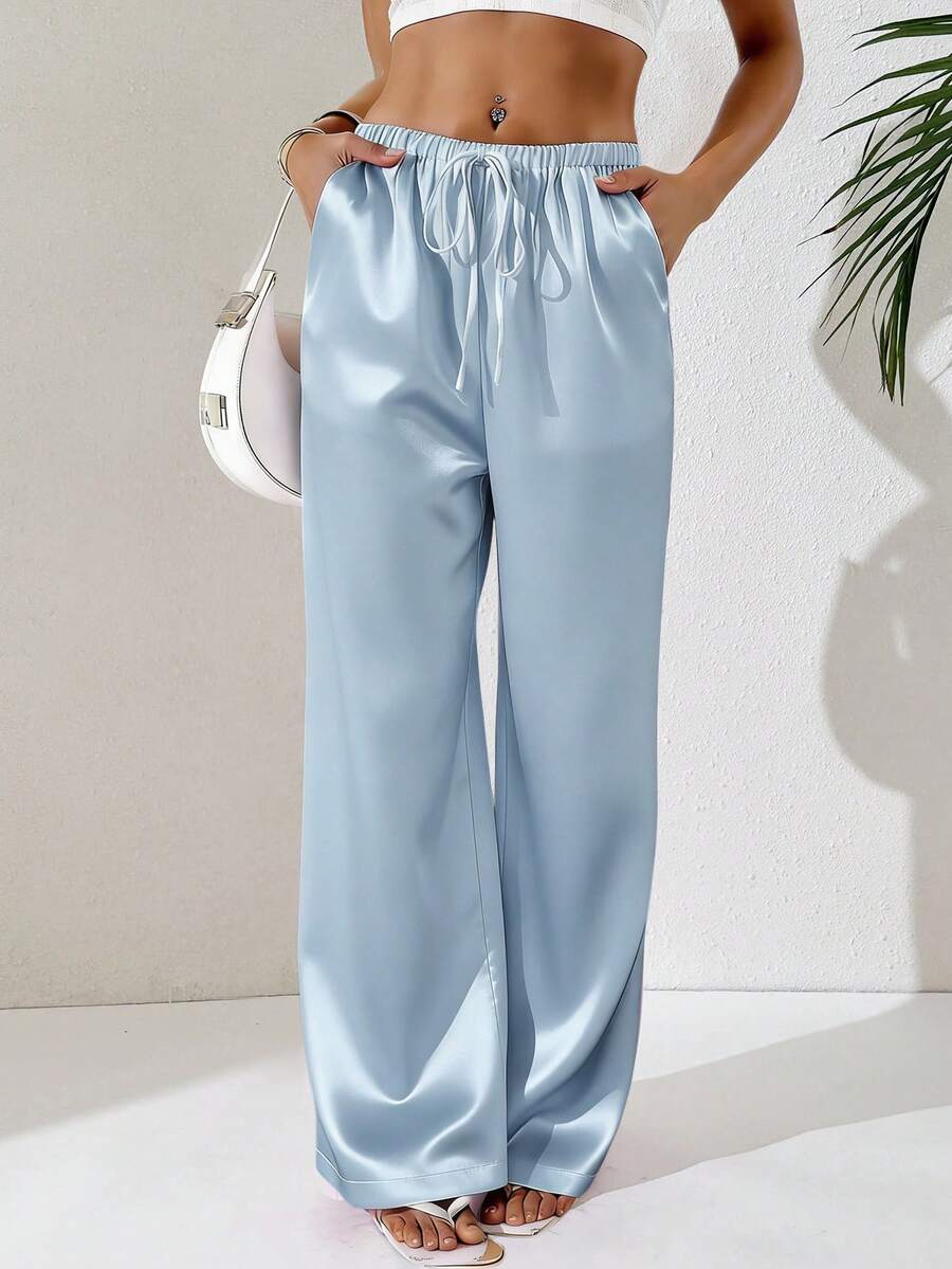 EMERY ROSE Women's Solid Color Minimalist Casual Tie-Up Pants - Blue - View 1