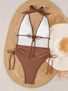 Bonvoyette Traje de baño de una pieza con escote halter y espalda descubierta, ropa de playa de moda para piscina, fiesta de Año Nuevo, Navidad, esencial de influencer, primavera/verano, elegante y sexy de punto calado con textura y grandes flores con lentejuelas - Marrón - Ver 9