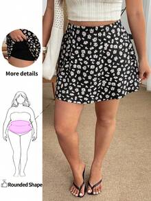 Enliva Plus Size Women's Basic A-Line Casual Mini Skirt With Small Floral Print, Suitable For Rounder Figures, Includes Underwear, Compatible With Apple-Shaped Figures. - Black - View 2