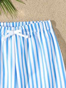 SHEIN Men's Swim Trunks,Blue And White Stripe Drawstring Swimwear Shorts For Summer,Casual Holiday Vacation,Tween Boy Light Blue Striped Swimming Shorts - Blue and White - View 4