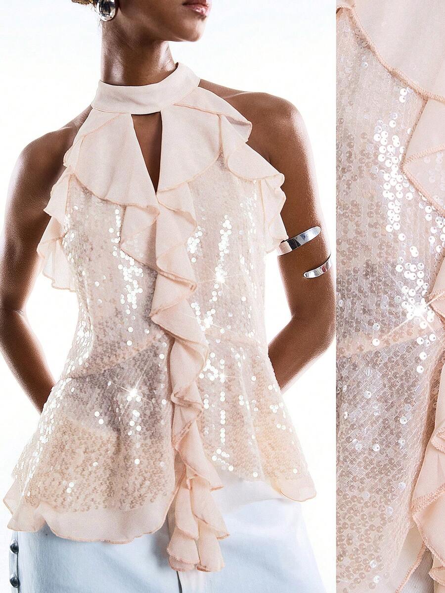 LYSMO Women's Elegant Apricot Summmer Sequin Halter Neck Camisole,Ruffled Sequin Top For Party Night,Festival,Beach Vacation And Country Concert Outfits - Beige - View 1