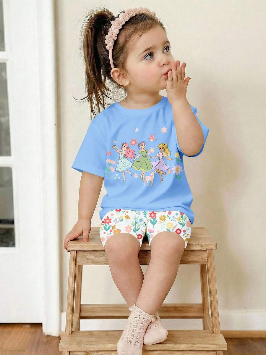Série bleue, tourbillonnez dans le printemps, princesse douce et mignonne, bohème floral, imprimé, floral, ensemble décontracté pour fille, t-shirt à manches courtes col rond ample et doux, short de cyclisme ajusté. Convient pour le printemps/été, la maison, les vacances, les festivals, les vibrations printanières, les vibrations estivales, les tenues printanières et estivales pour fille, confort facile, ensemble à la mode pour fille, tenue décontractée, princesse enfant, ensemble t-shirt graphique floral, ensemble printemps et été, nouveau style, détente, vibrations printanières, détente estivale - Multicolore - Voir 1