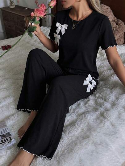 Conjunto de pijama de punto con adorno de lazo y ribete de contraste negro y blanco, ropa de estar en casa para niñas