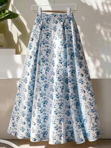 GlowEve 女士碎花褶裥休闲半身裙 - 藍色 - 查看 1