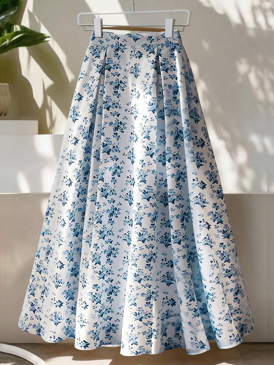 GlowEve 女士碎花褶裥休闲半身裙 - 藍色 - 查看 1