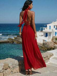 SHEIN Conjunto feminino minimalista de duas peças, cor sólida, composto por top sem mangas e saia, ideal para o dia a dia e férias na praia. Perfeito para o dia a dia. - Vermelho - Ver 2