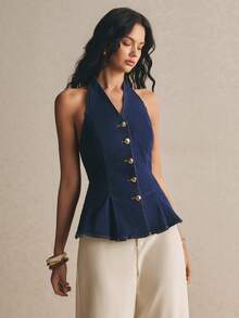 SHEIN MOD Women's Denim Top,Navy Blue Pleated Front Button Backless Denim Shirt,Elegant Night Out Summer Tops,Festival Outfits Festa Junina Blouses - Dark Wash - View 6