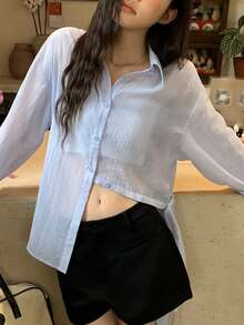 DAZY Damen lockere Bluse mit asymmetrischem Saum und Schlitz, lässig, sexy, langärmelig, für Urlaub, einfarbig, Golf, Herbst, Schule - Blau - Übersicht 6