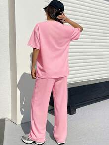 Muchica Light Pink Textured Casual Loose T-Shirt And Pants Set For Women - Baby Pink - View 2