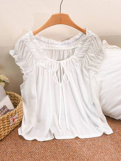 CosyJoli Plus Size Women's Solid Color Front Tie Ruched Casual T-Shirt