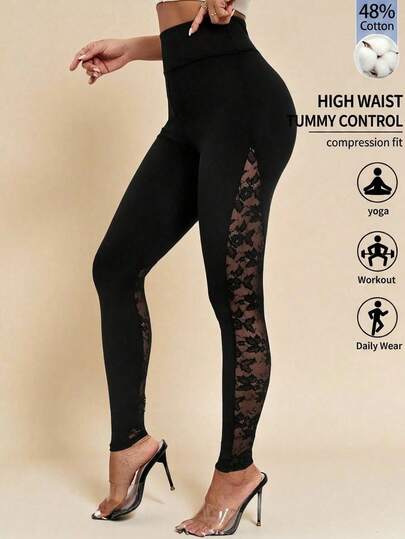 Amorya Women's New Elegant Knitted High Elasticity Cinched Waist Lace Patchwork Leggings, Comfortable Cotton Fabric Upgraded Version, Versatile Daily Wear Leggings With Lace Yoga Pants For Women Leggings For Ladies Yoga Trousers Tights For Women