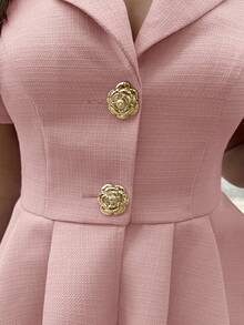 Pariaura Elegant Commuting Versatile Casual Daily Short Sleeve V-Neck Metal Buckle Decor Textured Fabric Blouse Top For Women, Spring/Summer - Baby Pink - View 4