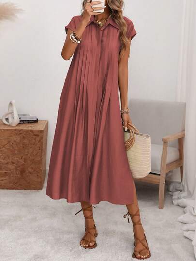 Florisole 女士纯色衬衫领纽扣宽松插肩袖中长连衣裙，橄榄绿，优雅法式复古正式办公通勤休闲度假下午茶街头风简约百搭，澳洲休闲居家派对约会情人节波西米亚风春夏新款