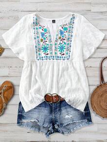 Linhara Plus Size Elegant Embroidery Digital Print Ruffle Sleeve Casual Vacation T-Shirt, Slimming Effect, Spring/Summer - Blue and White - View 3