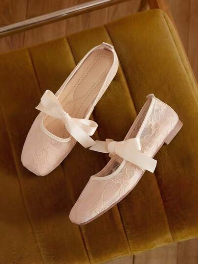 女士蝴蝶结方头鞋，时尚镂空透气蕾丝网面平底鞋，温柔优雅的玛丽珍芭蕾舞鞋