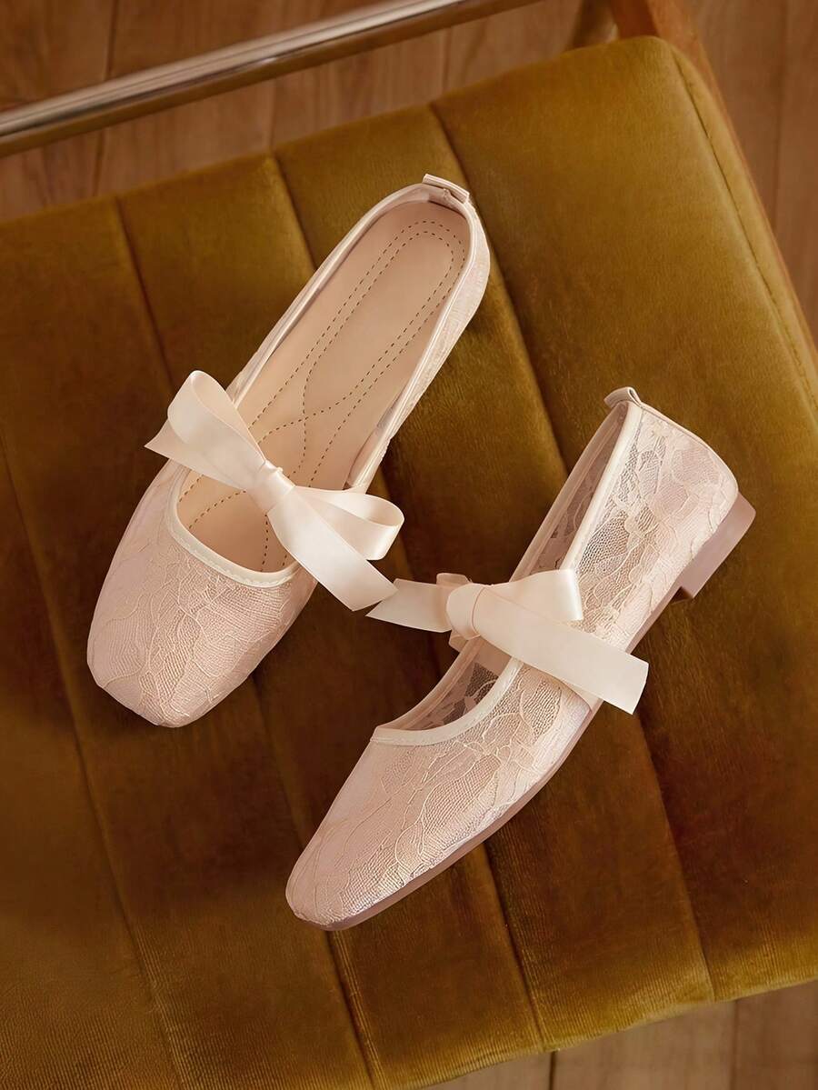 女士蝴蝶结方头鞋，时尚镂空透气蕾丝网面平底鞋，温柔优雅的玛丽珍芭蕾舞鞋 - 卡其色 - 查看 1