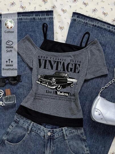 Attitoon Camiseta de manga corta casual de talla grande para mujer con contraste de color, estilo vintage, estampado de coche retro, adecuado para Y2K