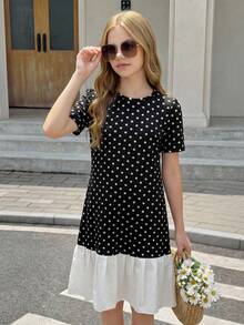 SHEIN 少女可爱活泼圆领黑色底白色波点花瓣袖拼接白色褶皱连衣裙，适合外出和聚会，春夏款 - 黑色 - 查看 4
