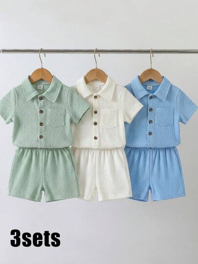 SHEIN Vintaside Kids 6件套男婴休闲简约舒适面料翻领衬衫短裤套装，多色可选，适合夏季穿着
