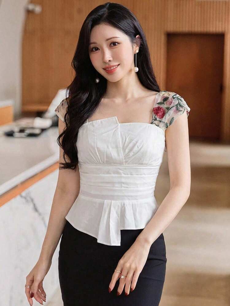 Women's Casual Elegant Embroidered Patchwork Shirt, Spring & Summer