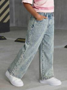 SHEIN Explorewe Girls' Versatile Fashion Distressed Straight Leg Blue Jeans - Blue - View 5