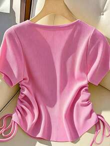 Franclia Women's Solid Color Minimalist Drawstring Short Sleeve T-Shirt, Casual Everyday Wear - Pink - View 2