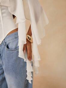 SHEIN BAE Áo croptop chiffon tay ngắn trễ vai màu đen, lãng mạn cho các buổi hẹn hò, ngày Valentine, đi chơi, tiệc tùng. - trắng - Xem 5