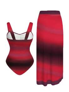 Swim Oasis Plus Size Women's Fashion Gradient Ruched One-Piece Swimsuit, 2pcs Set - Burgundy - View 2