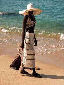 Arave Women's Fitted Contrast Color Handmade Crochet Butterfly Design Elegant Sexy Date Golf Knit Two Pieces Sweater Set White Autumn - Apricot - View 8