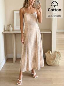 Easowa Vestido maxi de mujer de estilo minimalista casual a cuadros, adecuado para citas y fiestas. Vestidos de verano para mujer, vestido de picnic, vestidos casuales largos para mujer, atuendos de vacaciones, vestido de crucero para mujer, vestido maxi a cuadros largo sin mangas de mujer con cuello cuadrado y tirantes de espagueti con silueta de línea A para playa, vacaciones, verano, vestido de algodón, vestido de verano, vestido de playa, vestidos de vacaciones, atuendo de concierto de campo - Multicolor - Ver 2