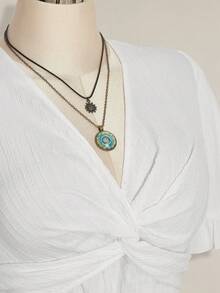SHEIN ICON 大码女式纯色扭结纹理荷叶边袖上衣 - 白色 - 查看 5