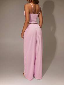 SHEIN Forever 21 2pcs Women Casual Solid Color Camisole And Pants Pink Set - Pink - View 2