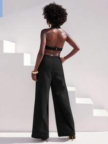 NYA SZN Jumpsuit Denim Halter Neck Plunge Long Pant Metal Detail Date Eveeryday Concert Outfits For Women - Black - View 2
