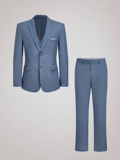 Officeau Furuyal Men's 3-Piece Suit Set (Jacket + Vest + Pants), Gentleman Minimalist Slim Fit Single-Breasted Business Suit, Denim Blue, Wedding Party, Vintage Style, Size XS-XXXL