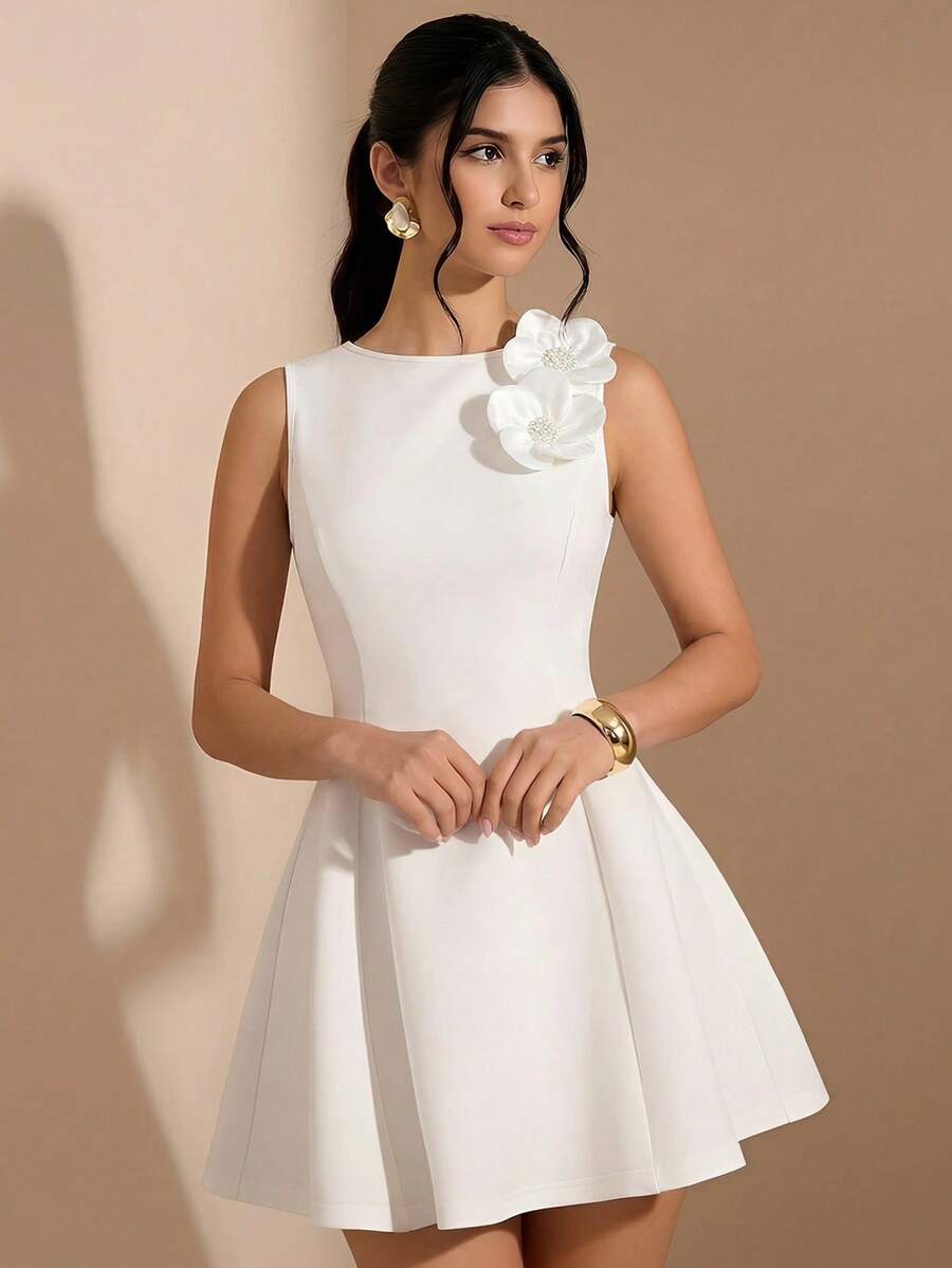 SHEIN Pitira 少女白色优雅3D立体花卉装饰收腰无袖连衣裙,正式场合穿着 - 白色 - 查看 1