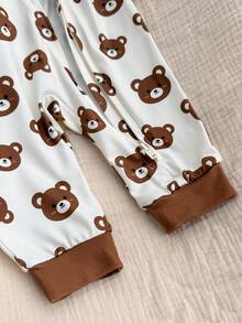 Newborn Baby Bear Print Zipper Front Long Sleeve Romper - Khaki - View 4