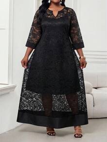 SHEIN Lady Vestido Midi Elegante com Decote em V e Manga 3/4 em Renda para Mulheres Plus Size - Preto - Visão 5