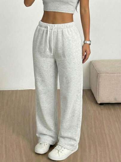 SHEIN Tween Girls' Loose Casual Minimalist Comfortable Mid-Waist Contrast Color Drawstring Decor Printed Sweatpants