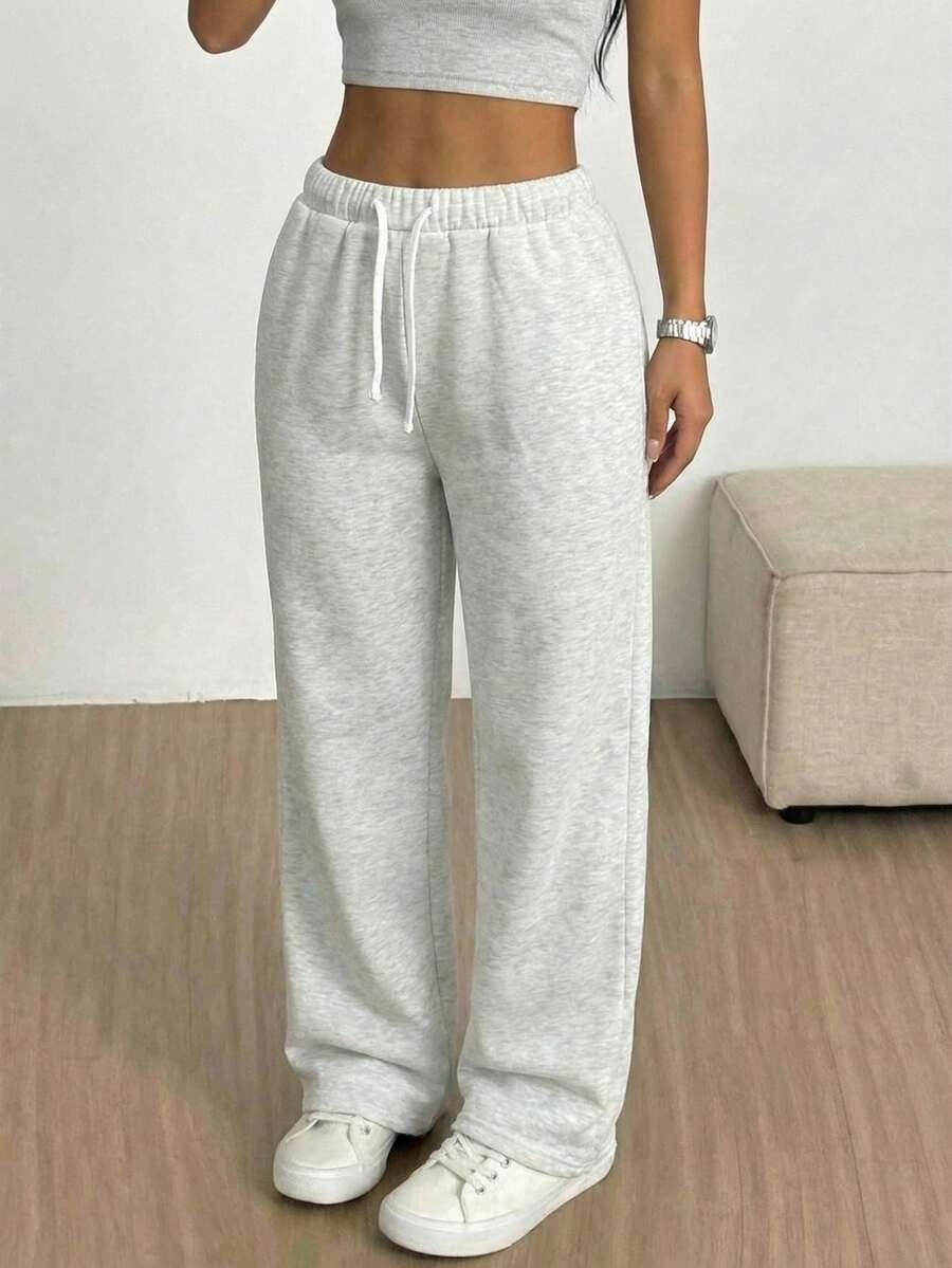 SHEIN Tween Girls' Loose Casual Minimalist Comfortable Mid-Waist Contrast Color Drawstring Decor Printed Sweatpants - Grey - View 1