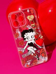 Betty Boop x SHEIN Cute Retro Be Tty Boop Transparent Glitter TPU Phone Case, Red Rose & Heart Charm Decor Shockproof Shell For IPhone - Multicolor - View 8