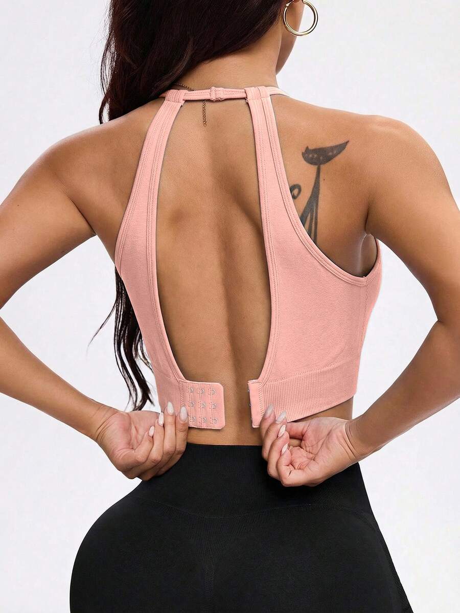 SHEIN Sports 女士纯色挂脖式休闲日常健身运动文胸 - 粉色 - 查看 1