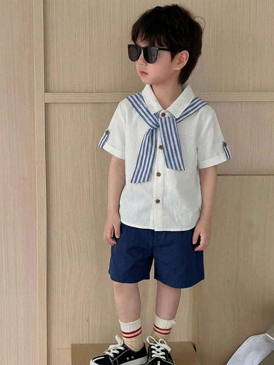 SHEIN Little Byeori 3件套/买二送一 休闲百搭可爱舒适透气条纹披肩、亚麻衬衫和宽松短裤,适合春夏穿着,日常穿着、运动、郊游、校园活动、聚会、节日庆典、演出和拍照等场合。 - 藏蓝色 - 查看 1