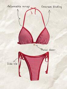 Elavelle Bộ bikini gợi cảm 2 mảnh họa tiết kẻ sọc mùa hè cho nữ dây kim loại trang trí buộc bên hông - Nhiều màu - Xem 3