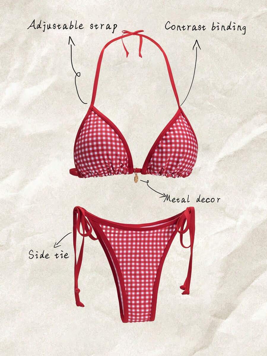 Elavelle 2pcs Set Bikini Seksi Wanita Motif Kotak-kotak Musim Panas dengan Tali Bahu Tipis dan Hiasan Logam di Samping - MultiWarna - View 1