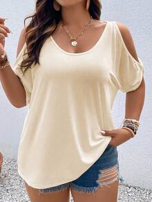 Vionelle Camiseta casual de manga corta y hombros descubiertos de unicolor para mujer de talla grande - Albaricoque - Ver 1
