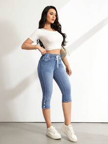 SHEIN Tall Women's High Waist Tummy Control Drawstring Denim Capris, 4 Way Stretch Casual Summer Capri Length Jeans Women's Drawstring Waist Pocket Casual Skinny Capri Length Jeans - Light Wash - View 5